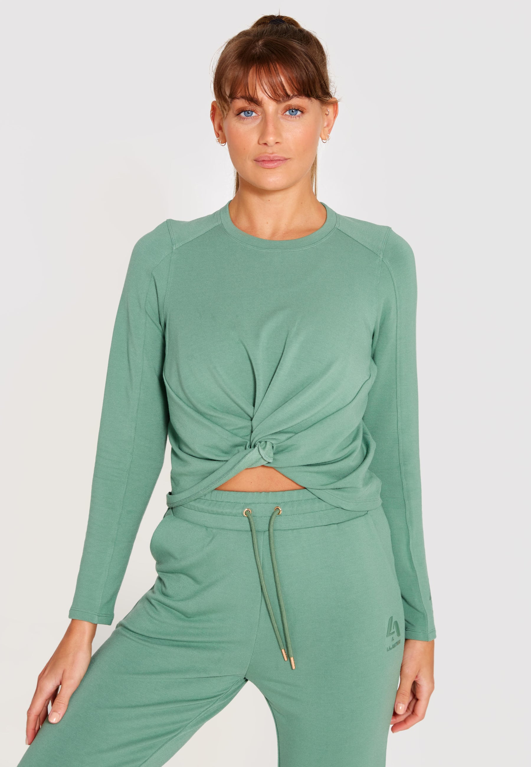 Vibe Long Sleeve Twist Front Sweatshirt -Sage Green